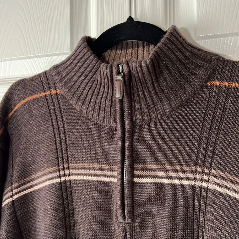 Oscar de la Renta‎ Brown Ribbed 1/4 Zip Sweater Stripes, Sz Large